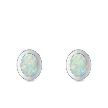 Oval Stud Earrings Lab Created White Opal 925 Sterling Silver (6mm)